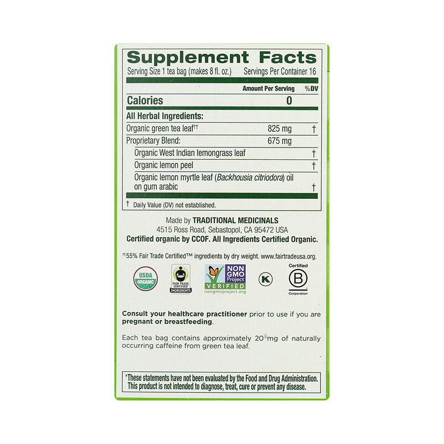 TRADITIONAL MEDICINALS - ORGANIC GREEN TEA WITH LEMONGRASS (16 TEA BAGS, 0.85 OZ)