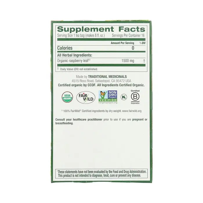TRADITIONAL MEDICINALS - ORGANIC RASPBERRY LEAF TEA (16 TEA BAGS, 0.85 OZ)