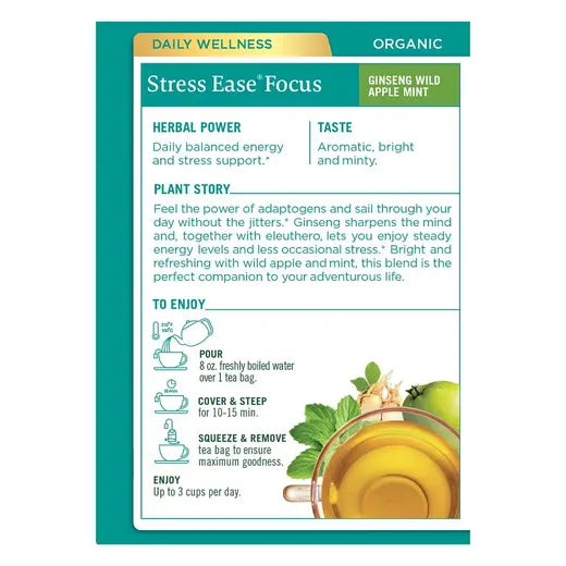 TRADITIONAL MEDICINALS - ORGANIC GINSENG WILD APPLE MINT STRESS EASE FOCUS TEA (16 TEA BAGS, 0.99 OZ)