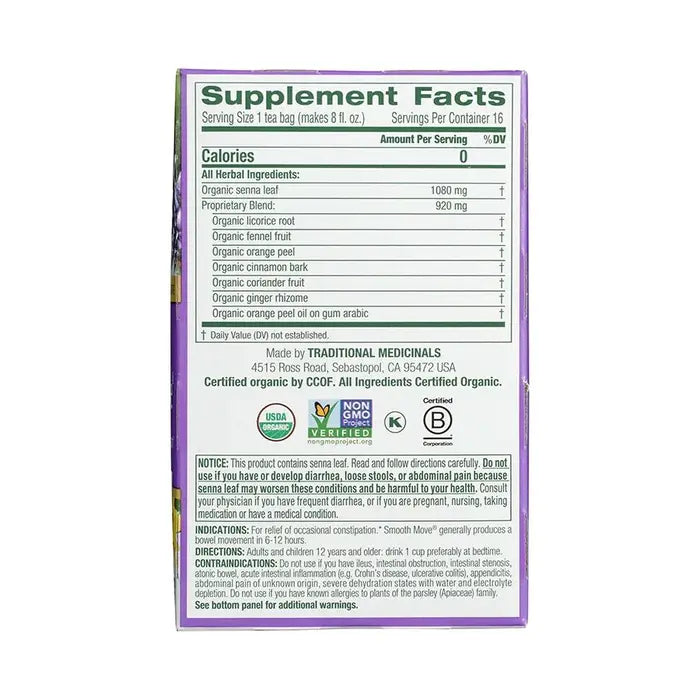 TRADITIONAL MEDICINALS - ORGANIC SMOOTH MOVE TEA (16 TEA BAGS, 1.13 OZ)