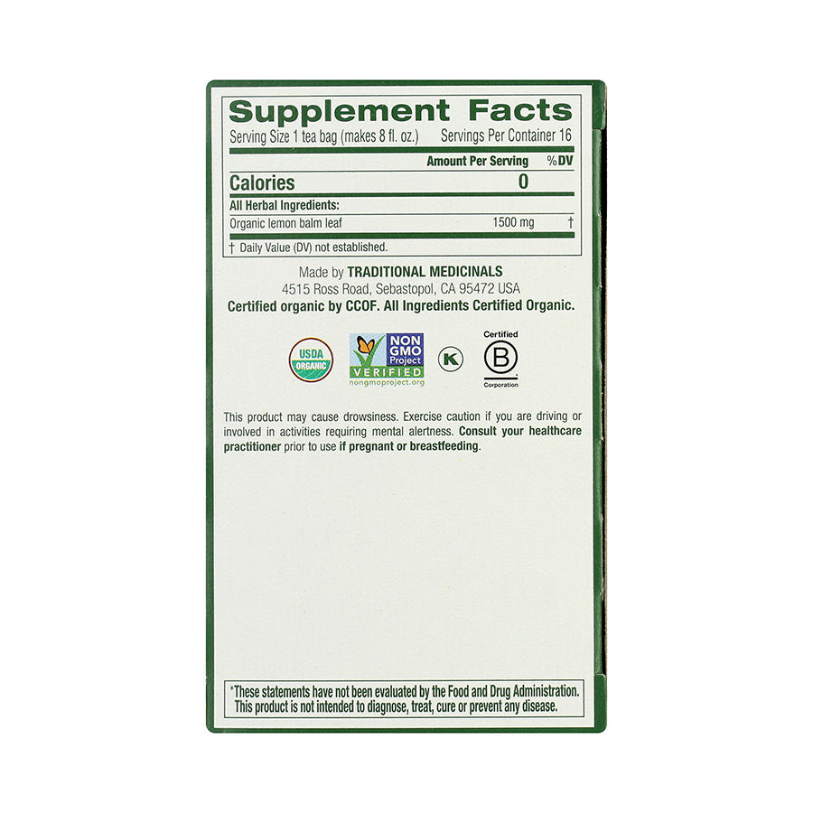 TRADITIONAL MEDICINALS - ORGANIC LEMON BALM TEA (16 TEA BAGS, 0.85 OZ)