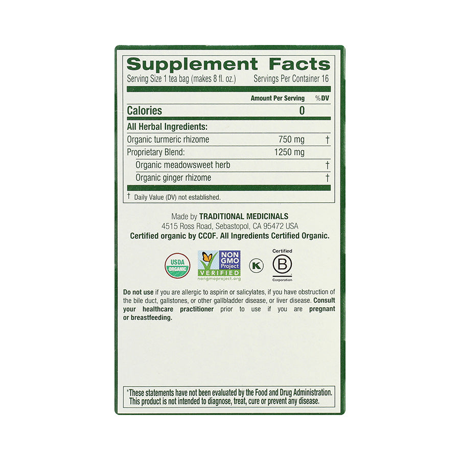 TRADITIONAL MEDICINALS - ORGANIC TURMERIC WITH MEADOWSWEET & GINGER TEA (16 TEA BAGS, 1.13 OZ)