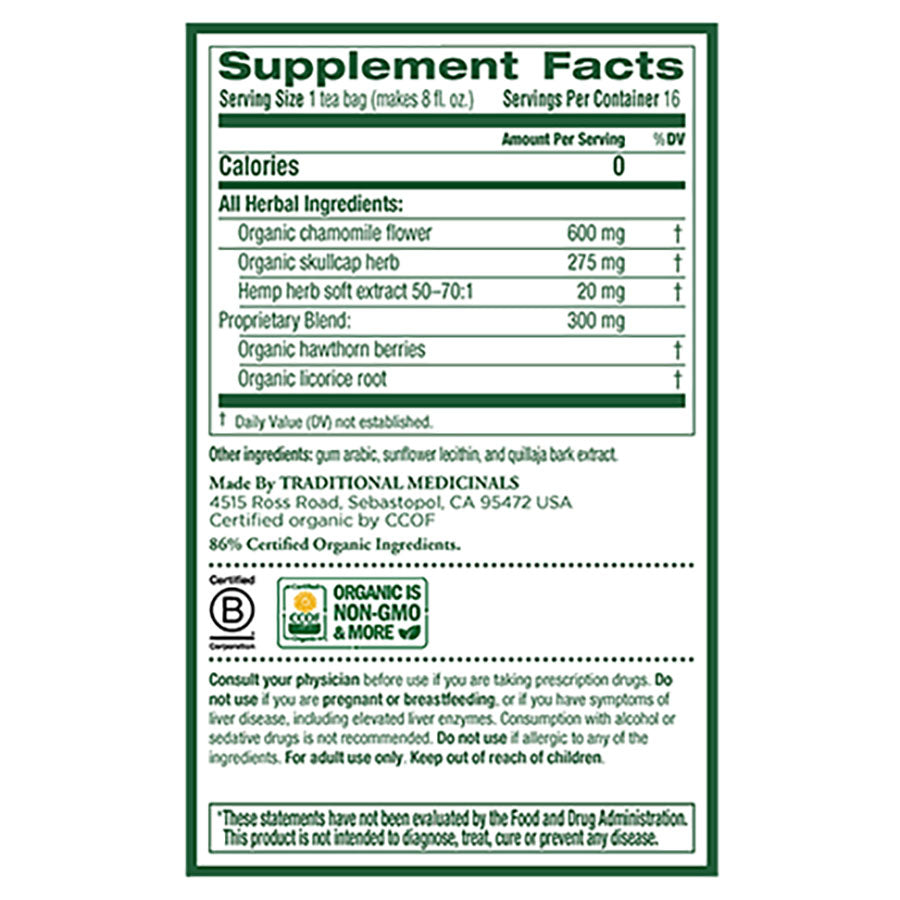 TRADITIONAL MEDICINALS - HEMP+HERB STRESS RELIEF TEA (16 TEA BAGS, 0.73 OZ)