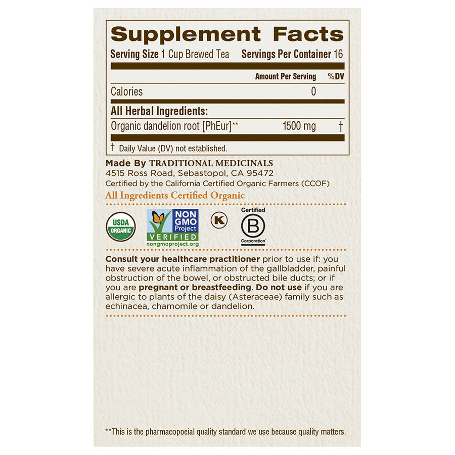 TRADITIONAL MEDICINALS - ORGANIC ROASTED DANDELION ROOT TEA (16 TEA BAGS, 0.85 OZ)