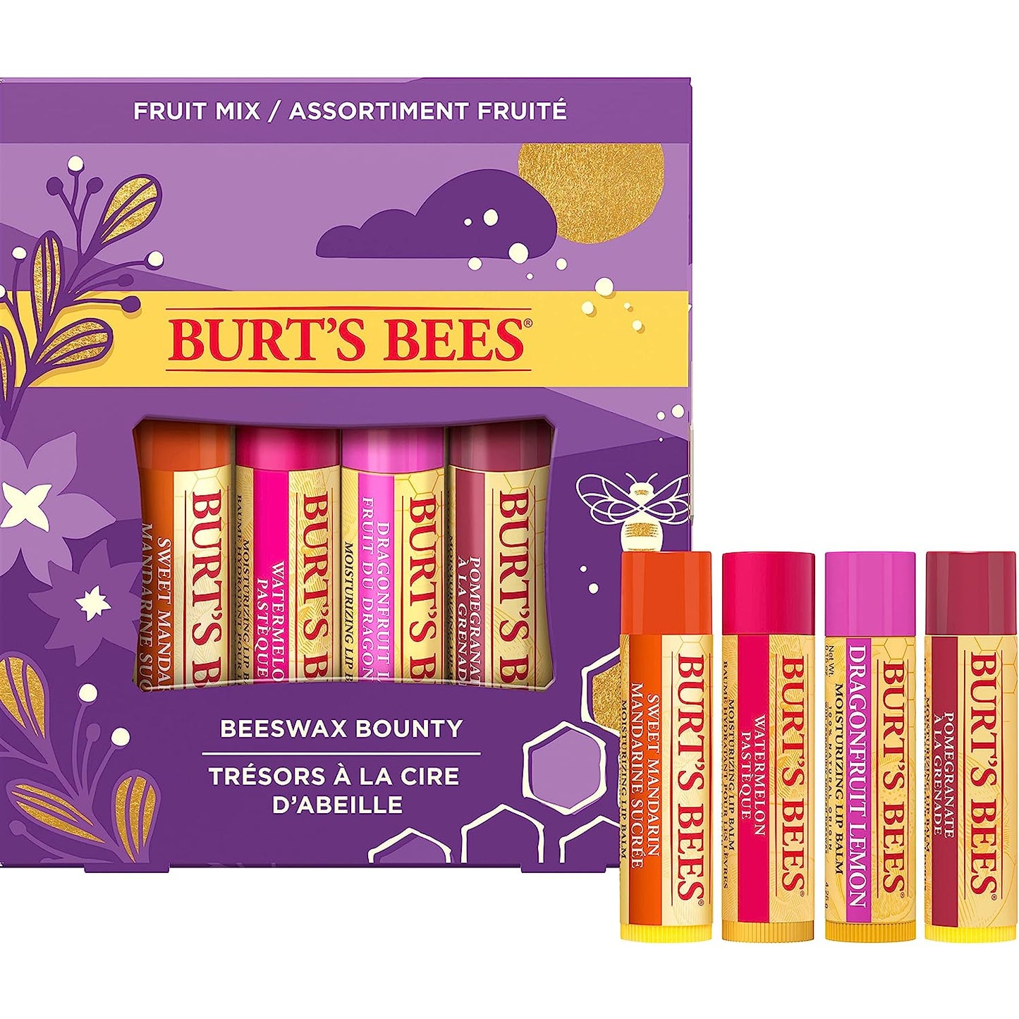 BURT'S BEES FRUT MIX 4 PACK (POMEGRANATE, SWEET MANDARIN, COCONUT & PEAR, WATERMELON LIP BALM SET)