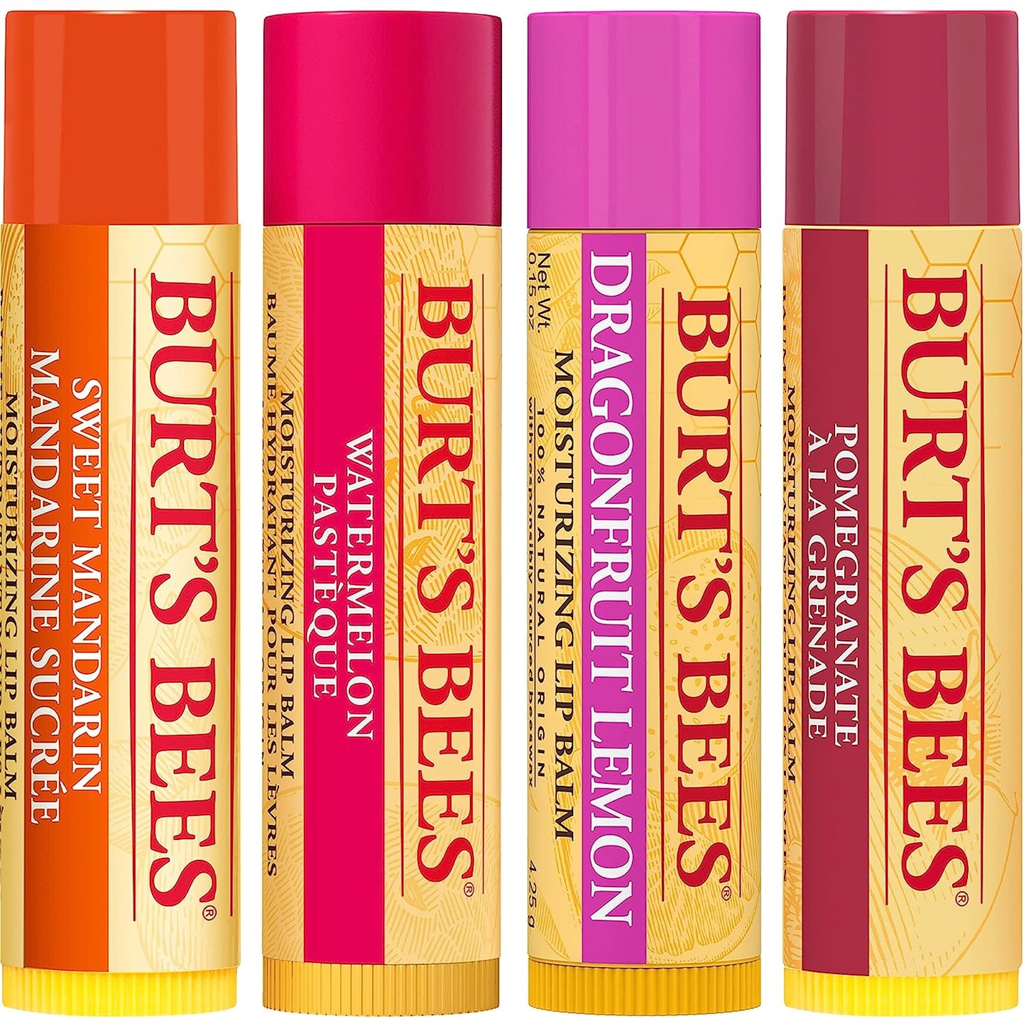 BURT'S BEES FRUT MIX 4 PACK (POMEGRANATE, SWEET MANDARIN, COCONUT & PEAR, WATERMELON LIP BALM SET)