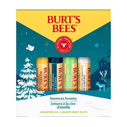 BURT'S BEES ASSORTED MIX 4 PACK (VANILLA, CUCUMBER MINT, COCONUT & PEAR, CLASSIC LIP BALM SET)