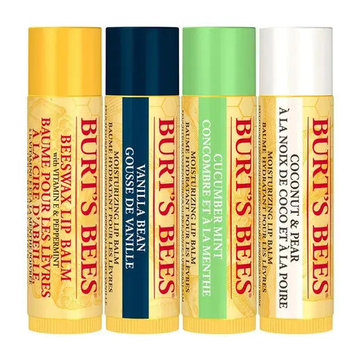 BURT'S BEES ASSORTED MIX 4 PACK (VANILLA, CUCUMBER MINT, COCONUT & PEAR, CLASSIC LIP BALM SET)