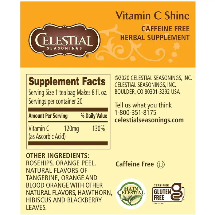 CELESTIAL SEASONINGS - VITAMIN C SHINE HERBAL TEA (20 TEA BAGS, 1.6 OZ)