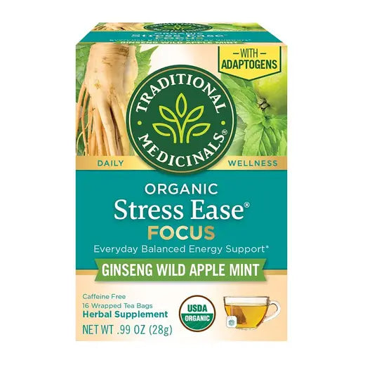TRADITIONAL MEDICINALS - ORGANIC GINSENG WILD APPLE MINT STRESS EASE FOCUS TEA (16 TEA BAGS, 0.99 OZ)