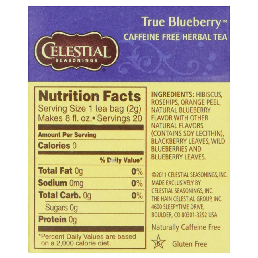 CELESTIAL SEASONINGS - TRUE BLUEBERRY HERBAL TEA (20 TEA BAGS, 1.6 OZ)