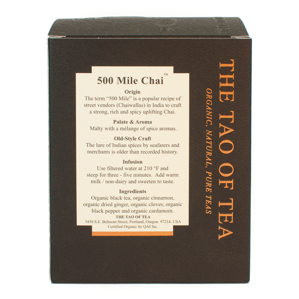 THE TAO OF TEA - 500 MILE CHAI BLACK TEA (15 PYRAMID SACHETS, 1.85 OZ)